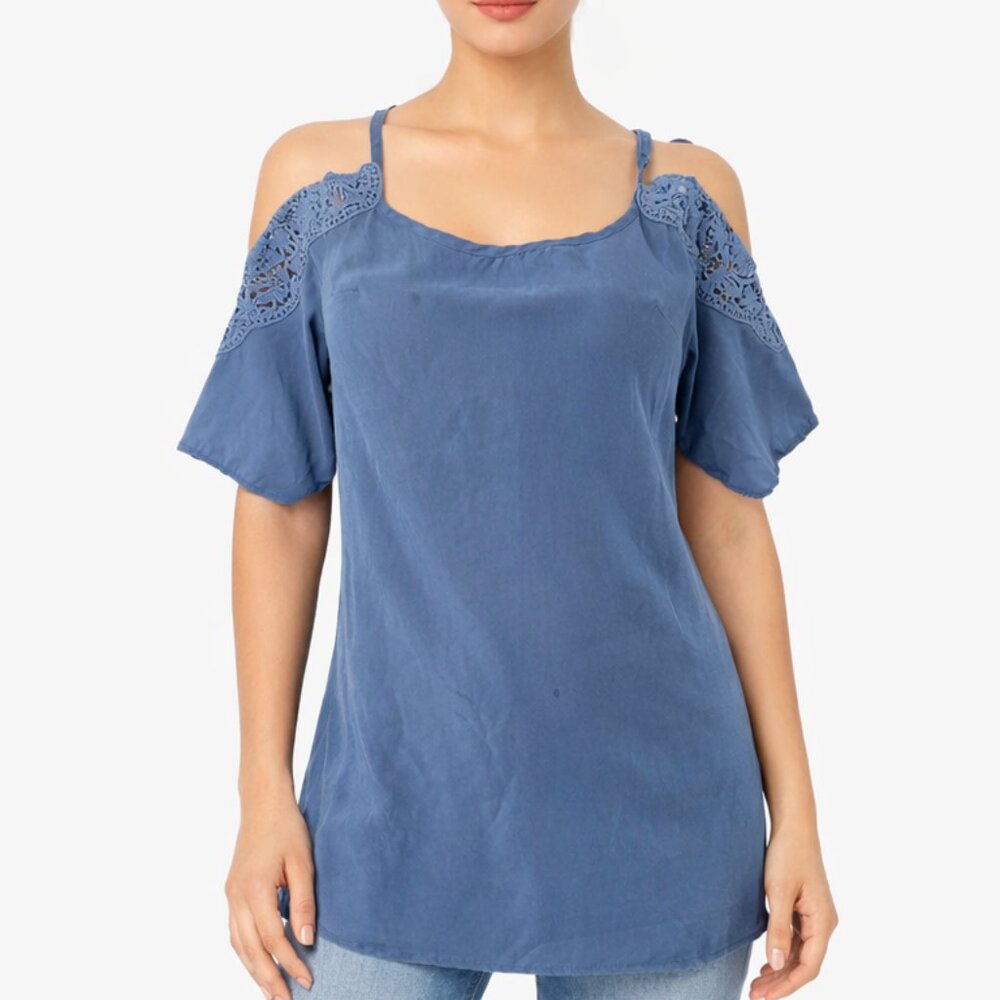 Xhilaration Cold Shoulder Mini Dress M Blue Boho Lace Short Sleeve Summer Casual
